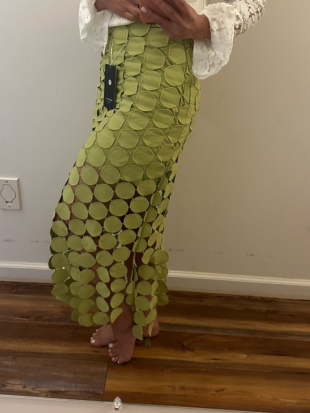 Lime-Green Circular Laser Cutout Hollow Midi Skirt A-Line  Casual Size S